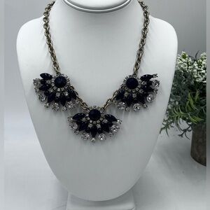 J. Crew Navy Blue and Clear Rhinestone Triple Fan Statement Bib Necklace